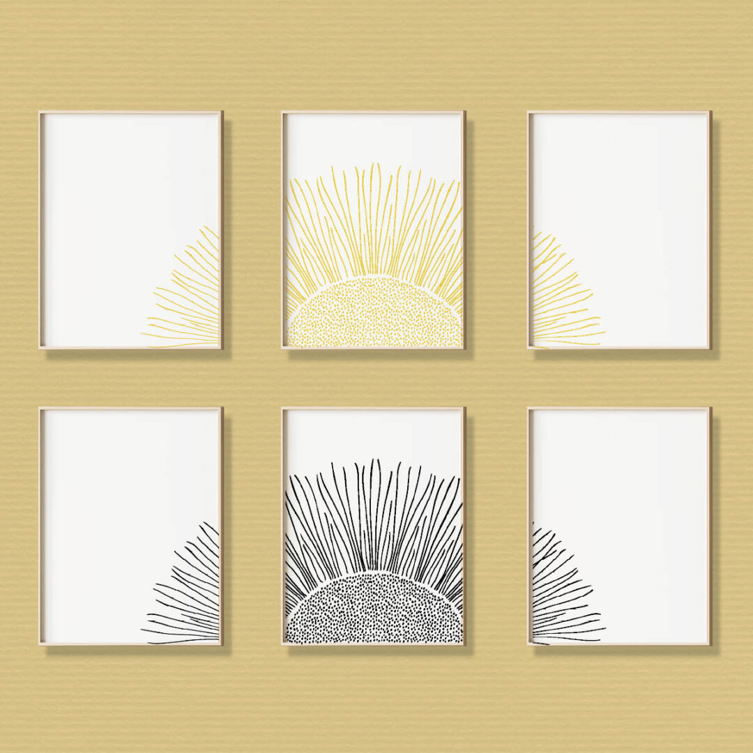 image shows six frames on a yellow/tan wall. The top three frames are framing one large yellow flower. The bottom three frames are framing one large black flower.