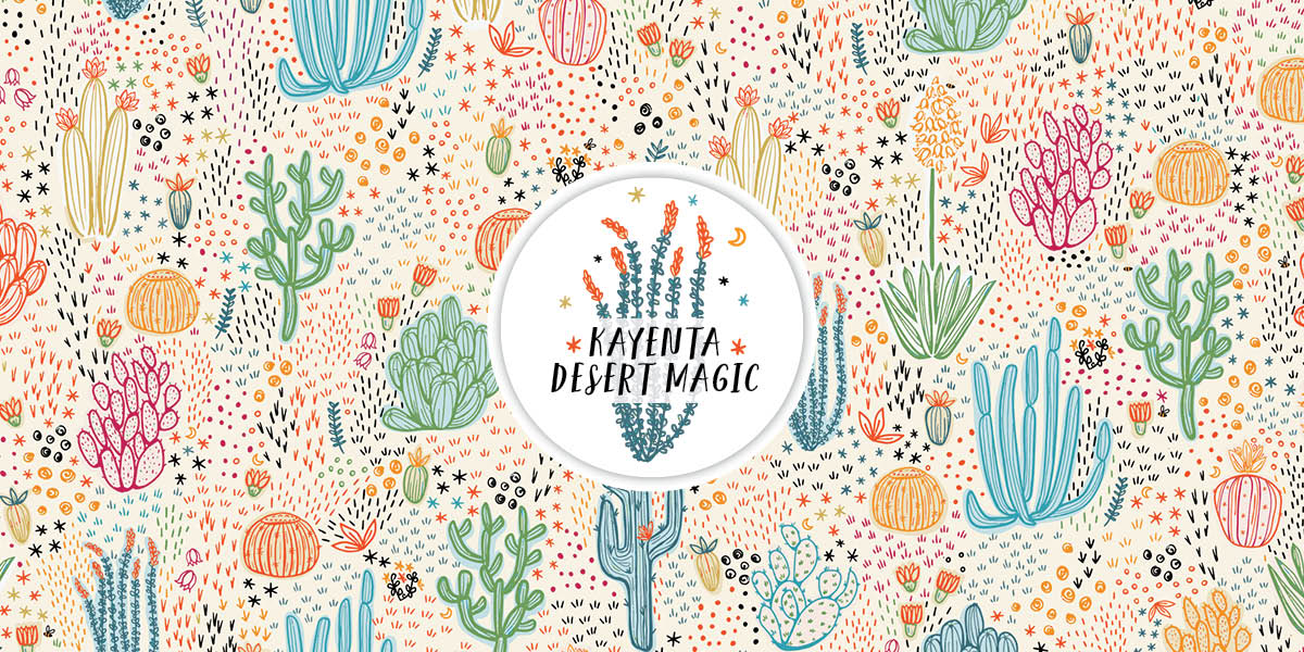 image shows pattern of multicolored cactus with the logo Kayenta Desert Magic. Pattern is for a surface pattern collection.