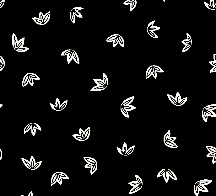image shows a scattered floral pattern in black and white as part of a surface pattern collection