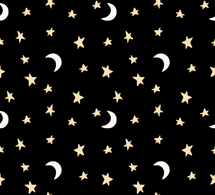 image shows a scattered moon and stars pattern in black, white and soft yellow as part of a surface pattern collection