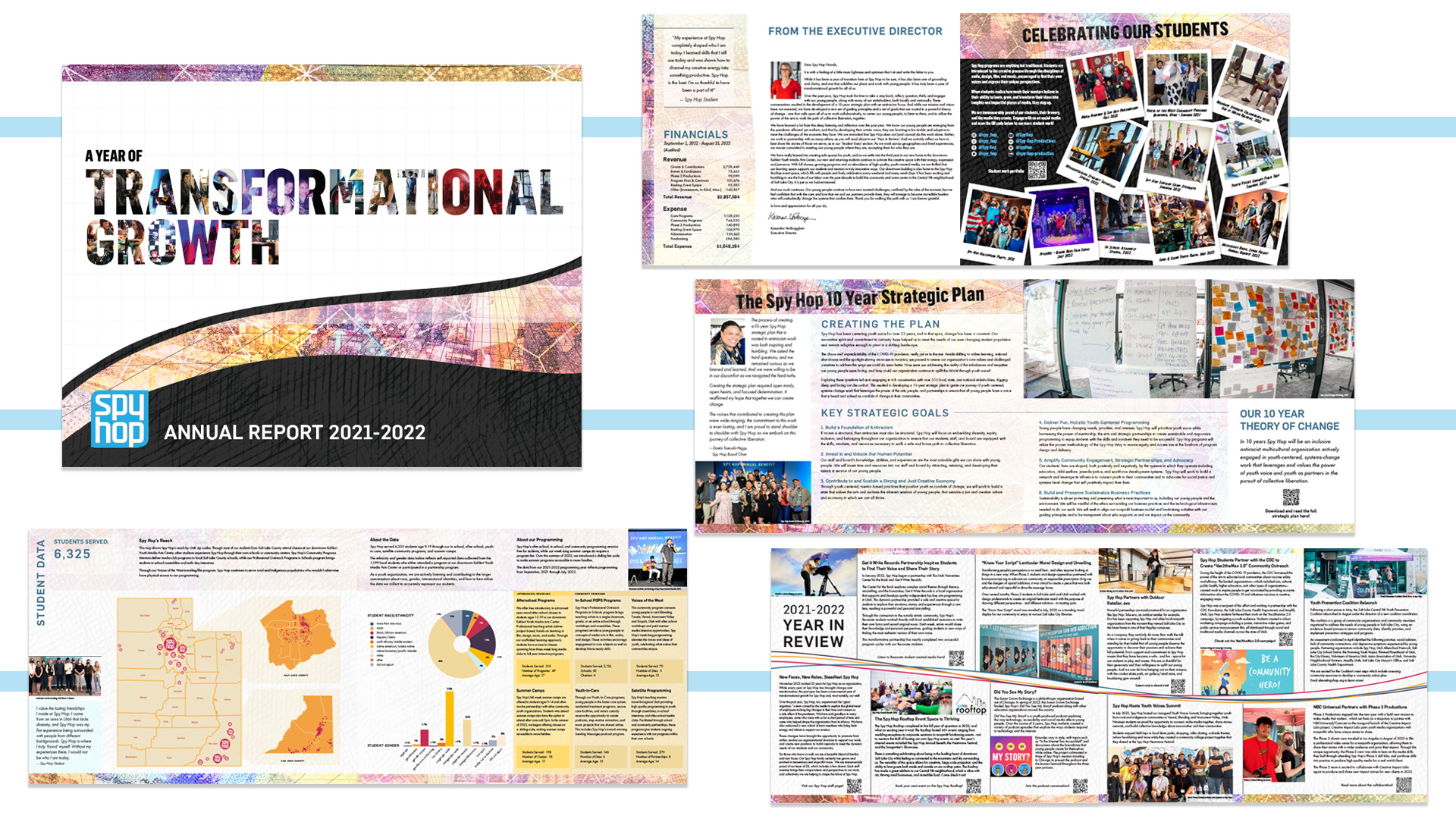 Image shows layouts of Spy Hop Annual Report design.