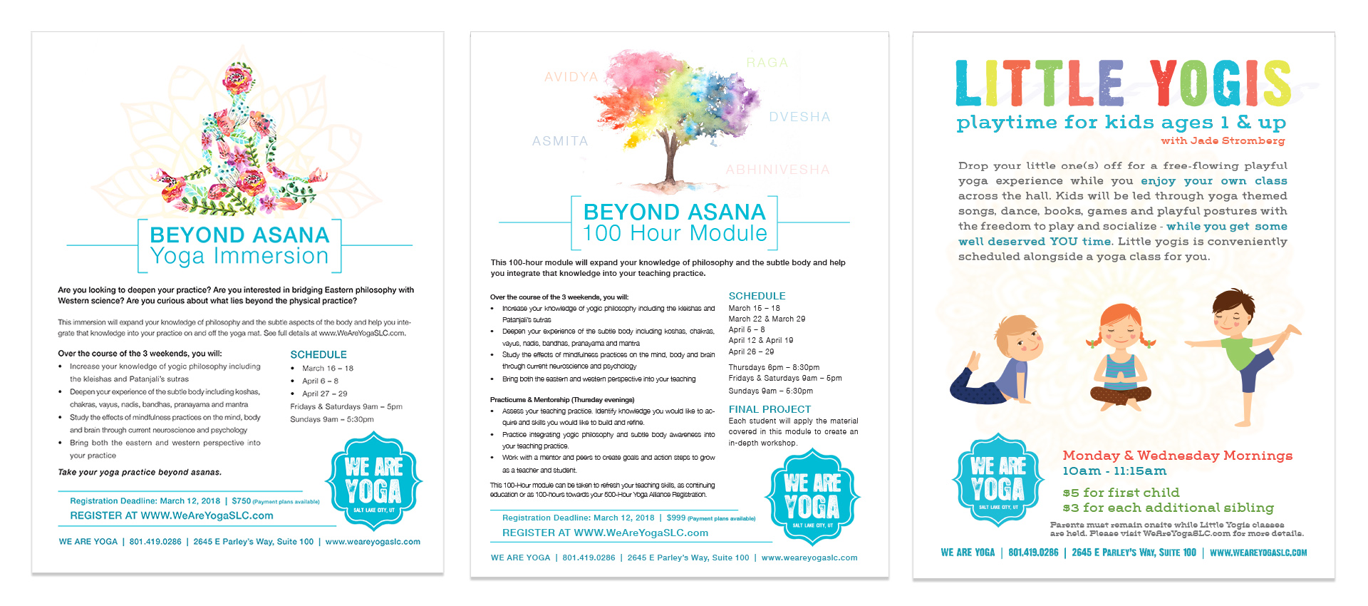 image shows three colorful yoga flyers.