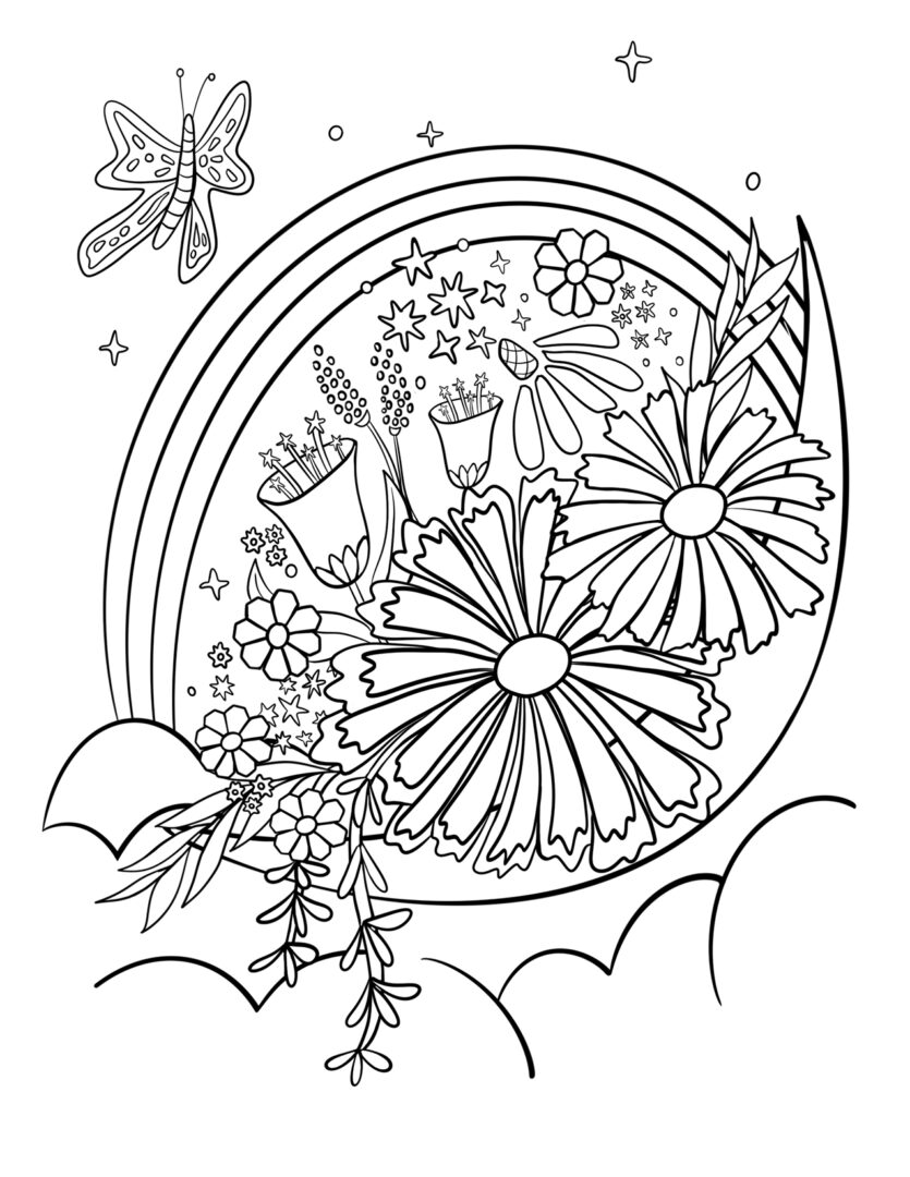 Image shows a coloring page with flowers, a butterfly, a rainbow and a crescent moon in the clouds.