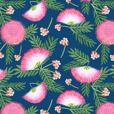 floral mimosa pattern on a navy background.