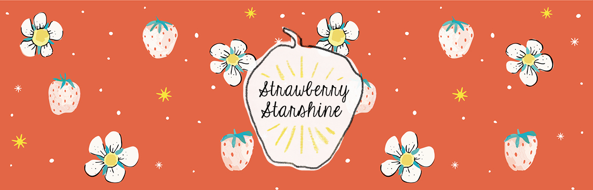 image shows a repeat pattern with a red background and white strawberries with strawberry blossoms. Collection by Alesha Sevy, image shows the title, "Strawberry Starshiine."