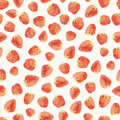 image shows a repeat pattern of red strawberries on a cream background.