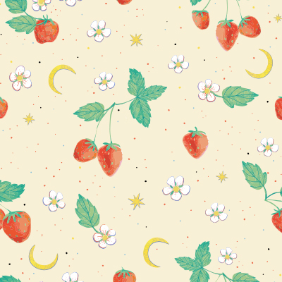 strawberry repeating pattern with moons and stars.