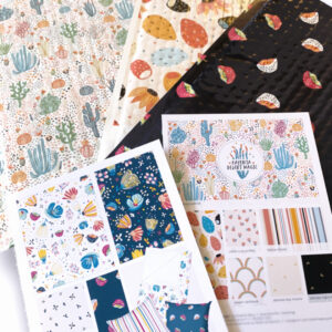image shows three envelopes with cactus patterns and blossom patterns for surface pattern design pitches.