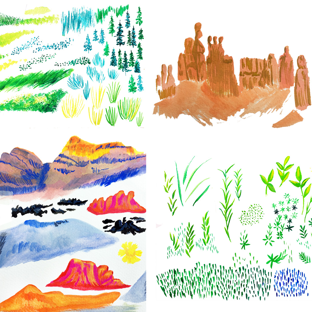 image of watercolor mountain and flower elements for a utility box artwork project.